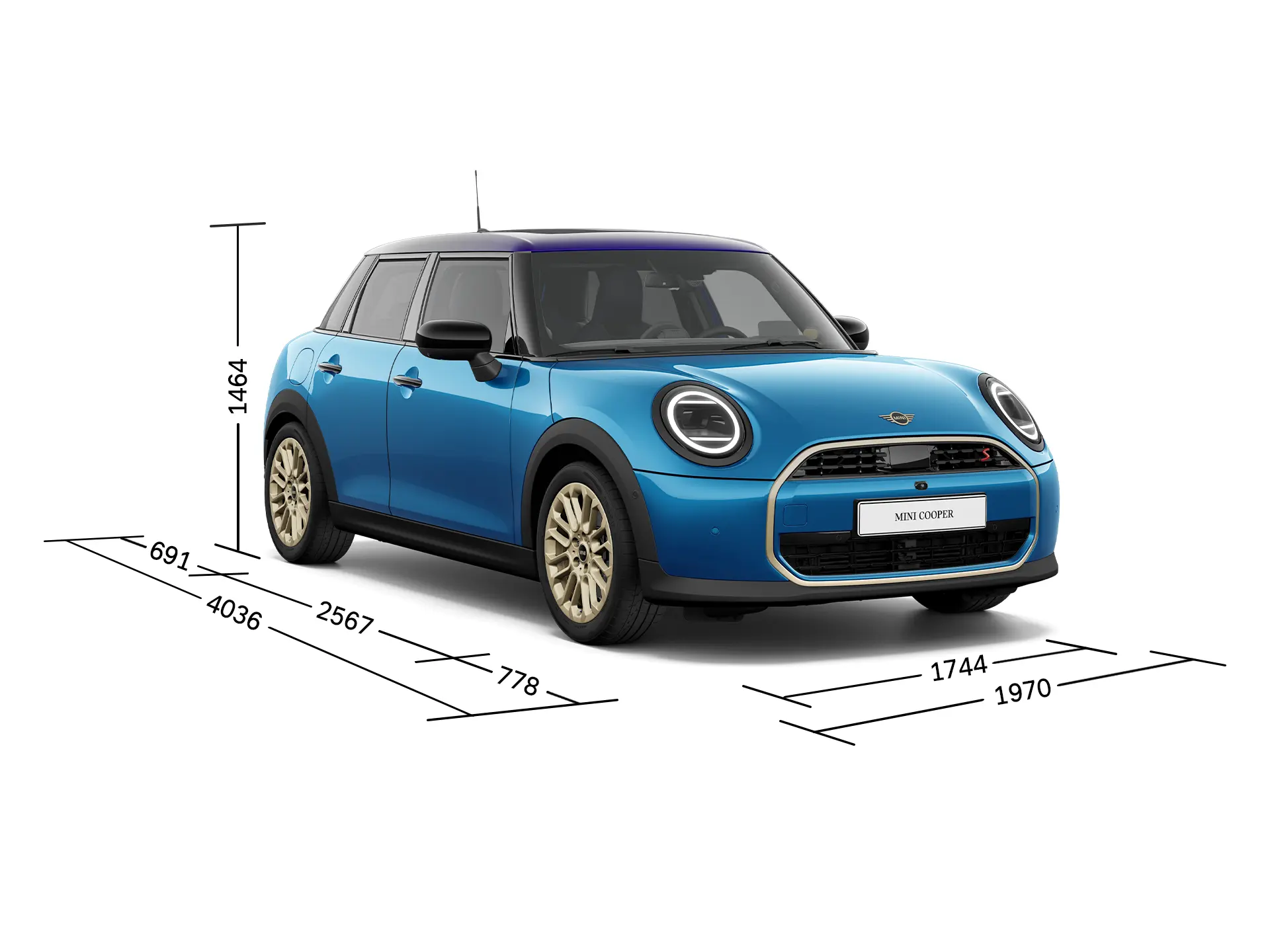 MINI Cooper 5 portas - Vista frontal com dimensões