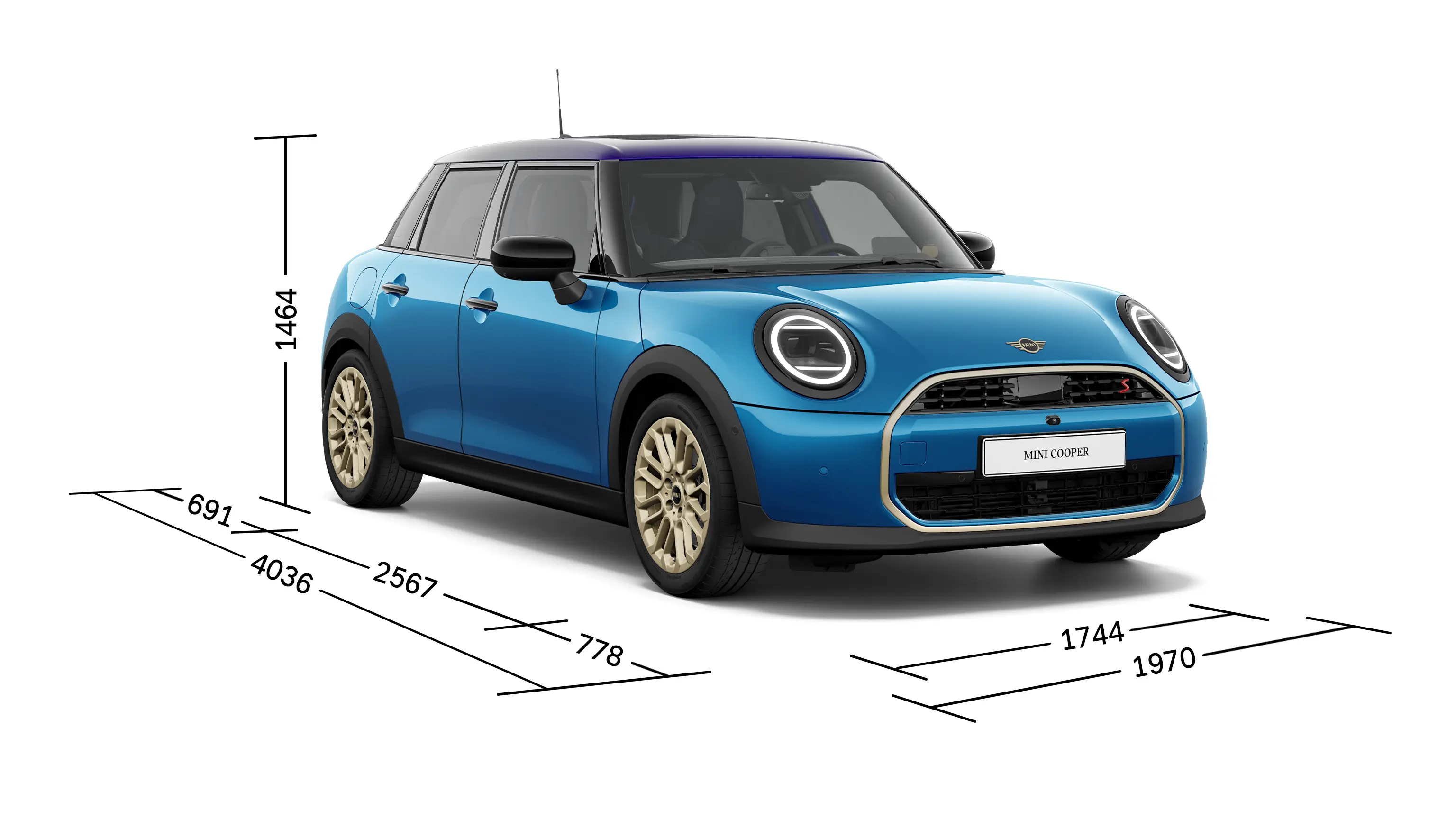MINI Cooper 5 portas - Vista frontal com dimensões