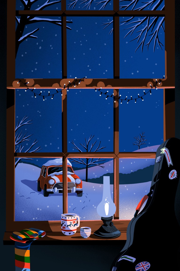 Ilustração no interior de uma casa com decoração de natal, em que se visualiza pela janela um MINI Clássico vermelho como plano de fundo.