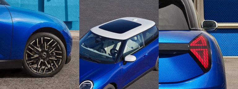 Montagem de três fotos de detalhes do exterior do novo MINI Cooper elétrico